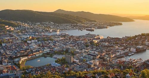 High angle view of city at dusk