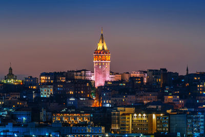 Illuminated buildings in city at night