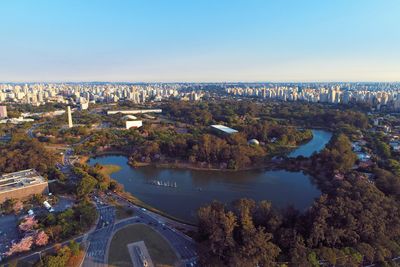 High angle view of river amidst buildings in city