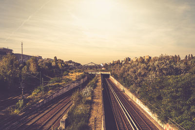 High angle view of railroad tracks against sky