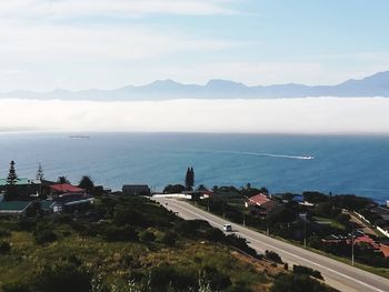 High angle view of bay against sky