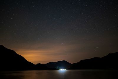 Scenic view of ullswater silhouette mountains against sky at night