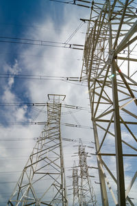 Low angle view of electricity pylon against sky