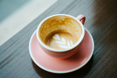 Closeup of a cup of coffee with milk seen from above