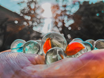 Close-up of multi colored pencils in glass container