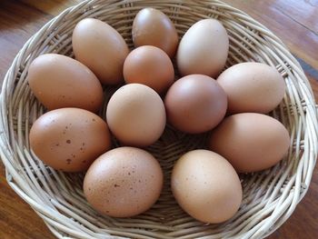 High angle view of eggs in basket