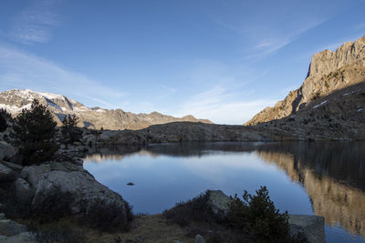 Scenic view of lake by mountains against sky