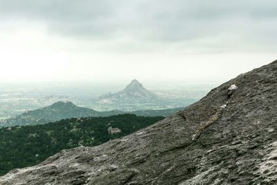 Scenic view of mountains against cloudy sky