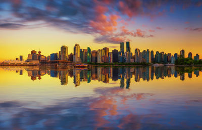 Reflection of city at sunset