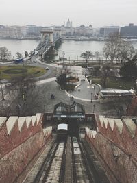 High angle view of bridge over river amidst buildings in city