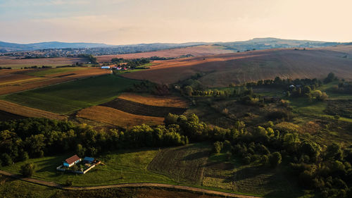 Landscape of a field and a village of western ukraine. aerial view.