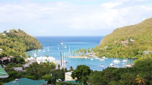 High angle view of sea and trees against sky