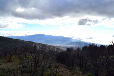 Scenic view of mountains against cloudy sky