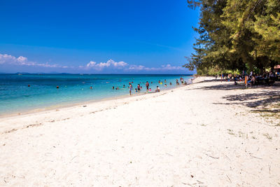 Group of people on beach against blue sky