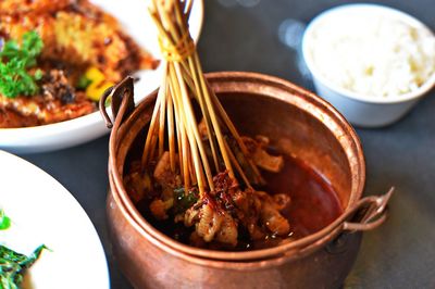 High angle view of food in plate on table