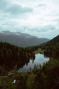 Scenic view of lake and mountains against sky