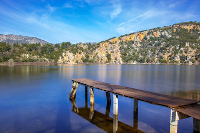 Scenic view of lake by mountains against sky