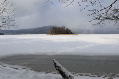 Scenic view of snow covered land against sky