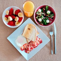 High angle view of breakfast served on table