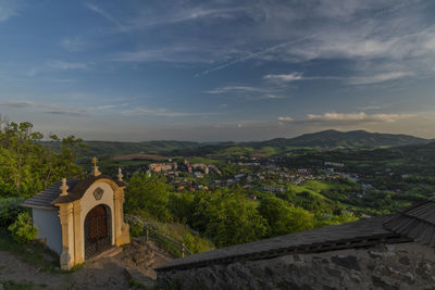 High angle view of townscape against sky during sunset