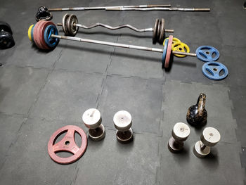 High angle view of exercise equipment on floor