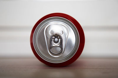 Close-up of metal can on table