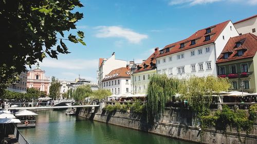 Buildings by river against sky in city