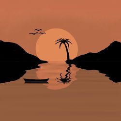 Silhouette of person standing on lake against orange sky