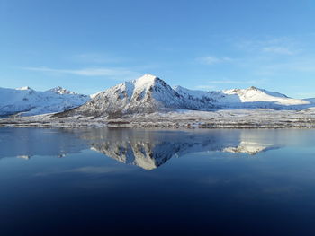 Scenic view of lake by snowcapped mountains against sky