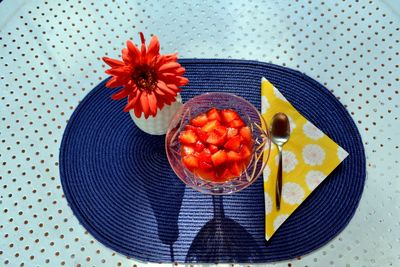 High angle view of fruits in plate on table
