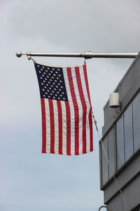 Low angle view of flags hanging against sky