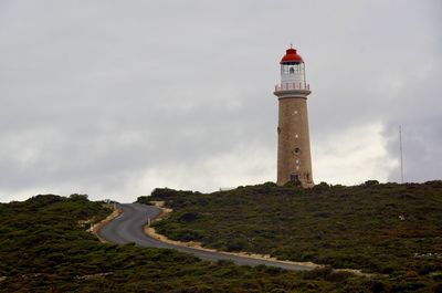 Lighthouse amidst buildings against sky