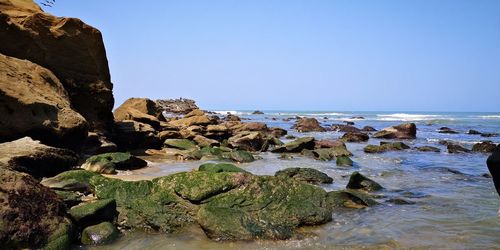 Rocks on beach against clear sky