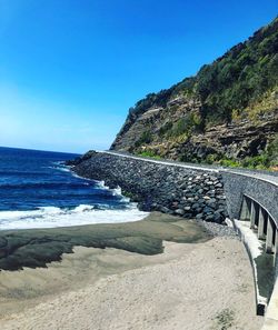 Scenic view of sea against clear blue sky