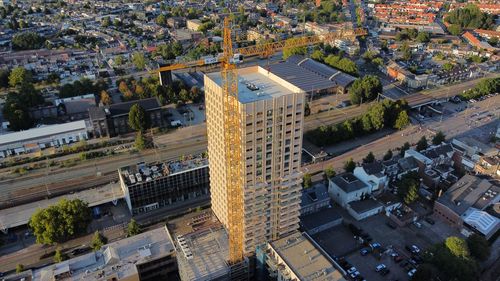 High angle view of buildings in city