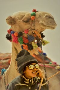 Man wearing sunglasses against camel and sky