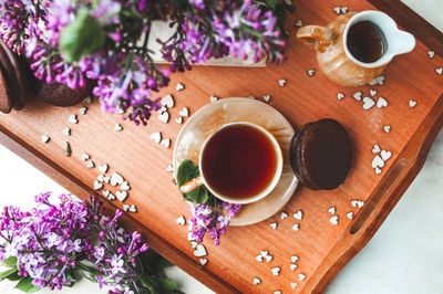 High angle view of coffee served on table