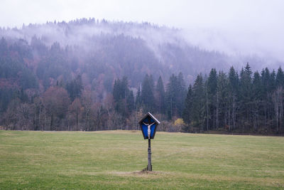 View of crucifix on field against forest