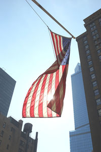 Low angle view of flags in front of building