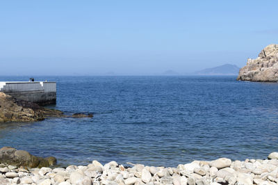 Scenic view of sea against clear blue sky