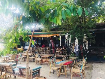 Chairs and table against trees