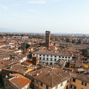 High angle view of old town against sky