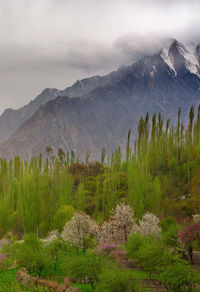 Scenic view of land and mountains against sky