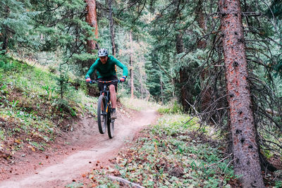 Man riding bicycle in forest