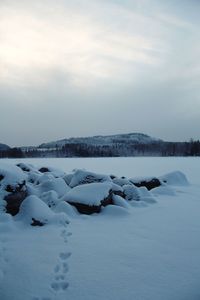 Scenic view of snow covered land against sky