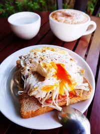 High angle view of breakfast served on table