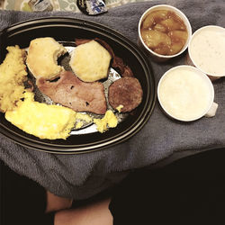 High angle view of breakfast served on table