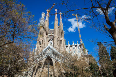 Low angle view of trees and building against sky