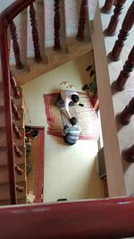 High angle view of boy on staircase