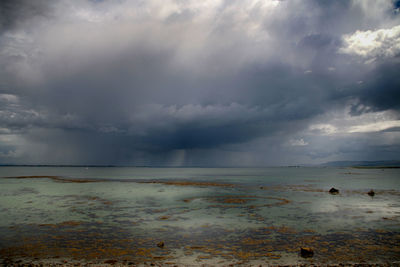 Scenic view of sea against storm clouds